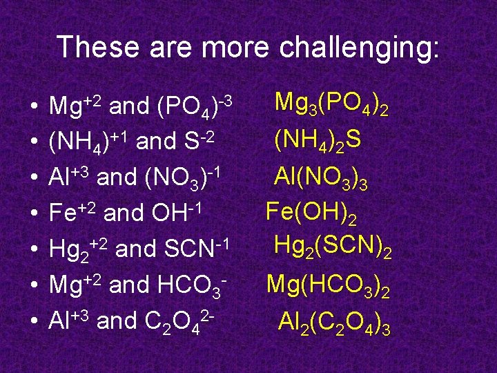 These are more challenging: • • Mg+2 and (PO 4)-3 (NH 4)+1 and S-2