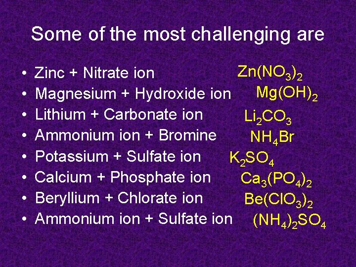 Some of the most challenging are • • Zn(NO 3)2 Zinc + Nitrate ion