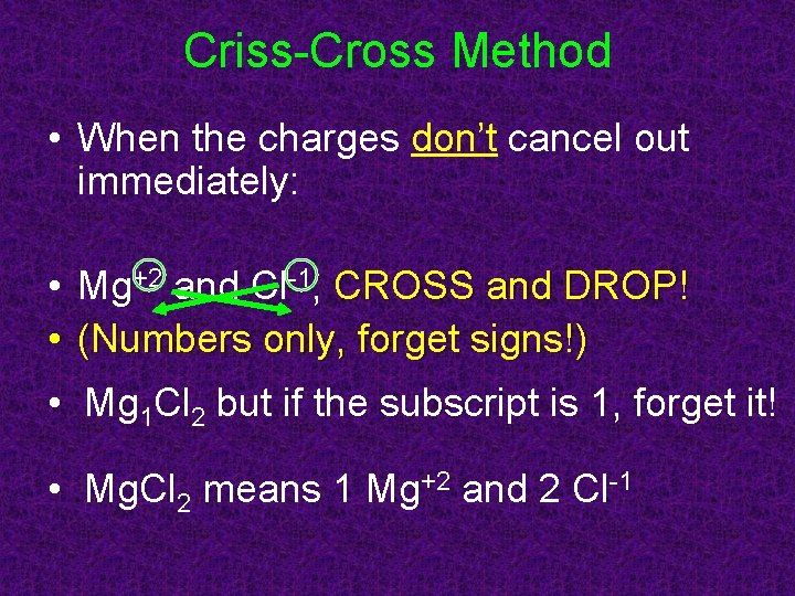 Criss-Cross Method • When the charges don’t cancel out immediately: • Mg+2 and Cl-1,