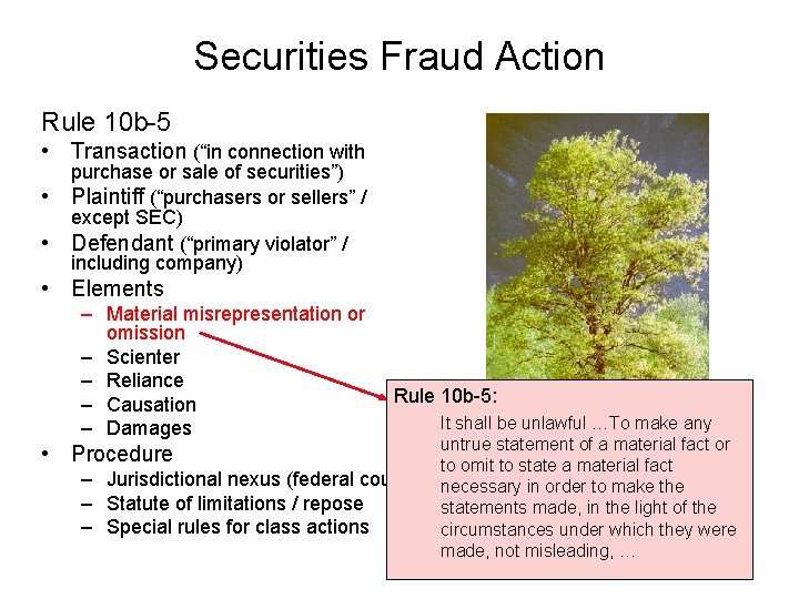 Securities Fraud Action Rule 10 b-5 • Transaction (“in connection with • • purchase