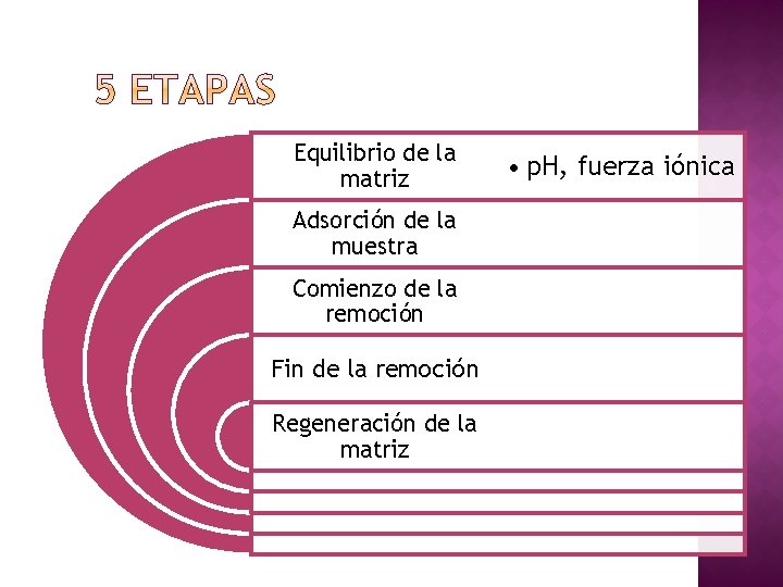 Equilibrio de la matriz Adsorción de la muestra Comienzo de la remoción Fin de