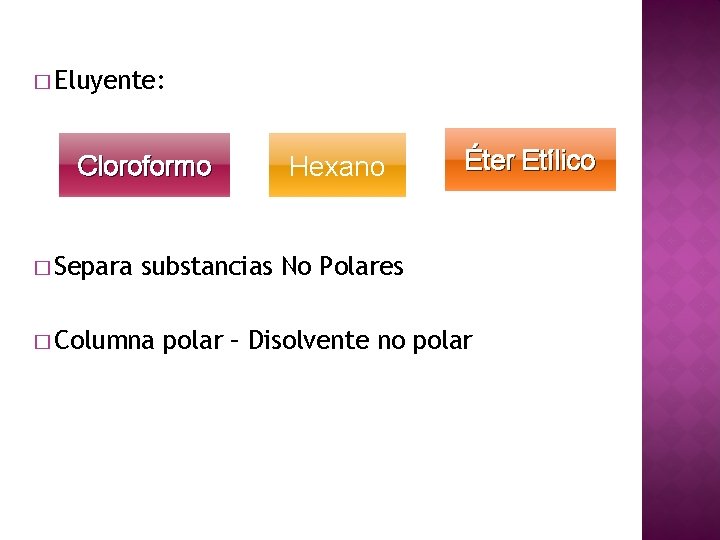 � Eluyente: Cloroformo � Separa Hexano Éter Etílico substancias No Polares � Columna polar