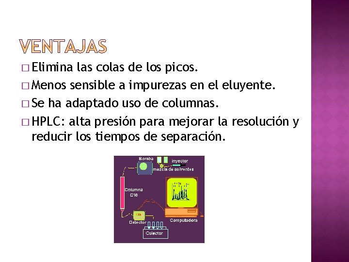 � Elimina las colas de los picos. � Menos sensible a impurezas en el