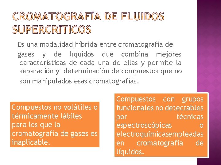 Es una modalidad híbrida entre cromatografía de gases y de líquidos que combina mejores