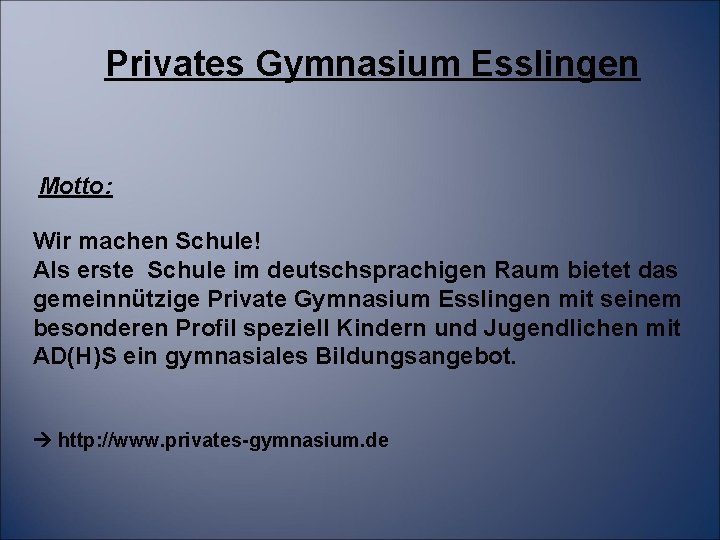 Privates Gymnasium Esslingen Motto: Wir machen Schule! Als erste Schule im deutschsprachigen Raum bietet