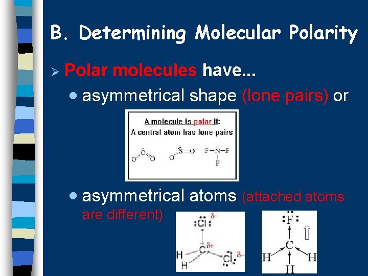 B. Determining Molecular Polarity Ø Polar molecules have. . . · asymmetrical shape (lone