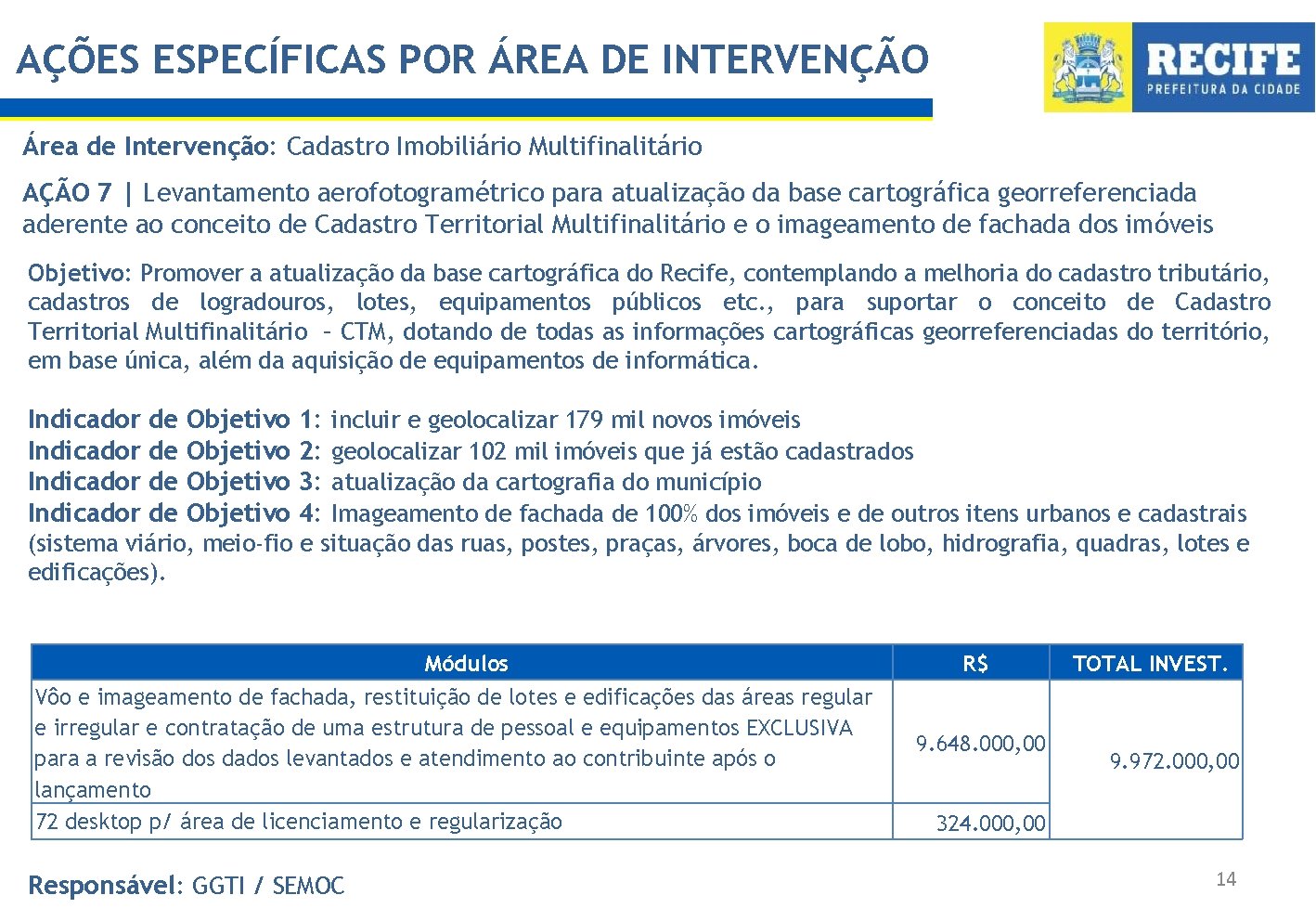 AÇÕES ESPECÍFICAS POR ÁREA DE INTERVENÇÃO Área de Intervenção: Cadastro Imobiliário Multifinalitário AÇÃO 7