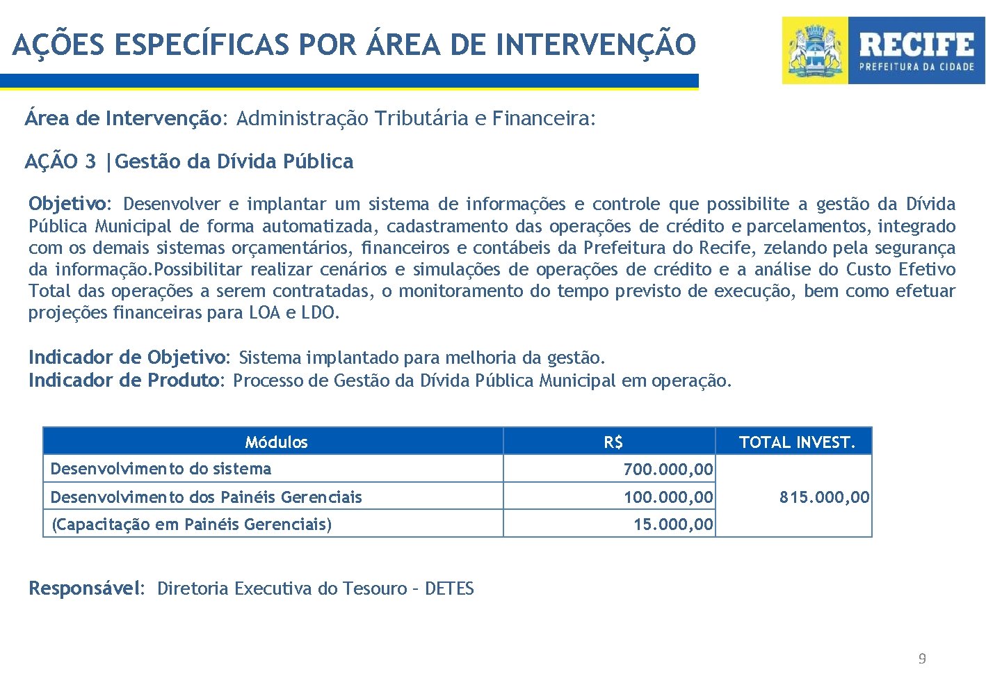 AÇÕES ESPECÍFICAS POR ÁREA DE INTERVENÇÃO Área de Intervenção: Administração Tributária e Financeira: AÇÃO