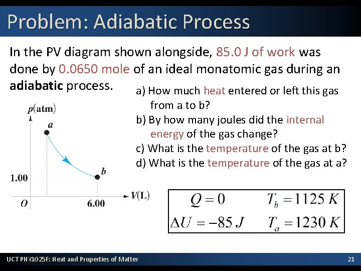 Problem: Adiabatic Process In the PV diagram shown alongside, 85. 0 J of work