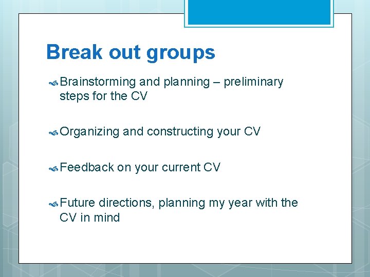 Break out groups Brainstorming and planning – preliminary steps for the CV Organizing Feedback