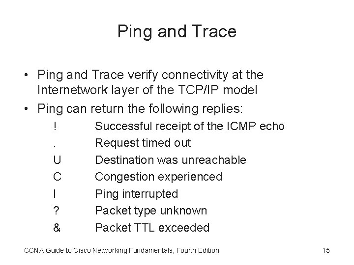 Ping and Trace • Ping and Trace verify connectivity at the Internetwork layer of