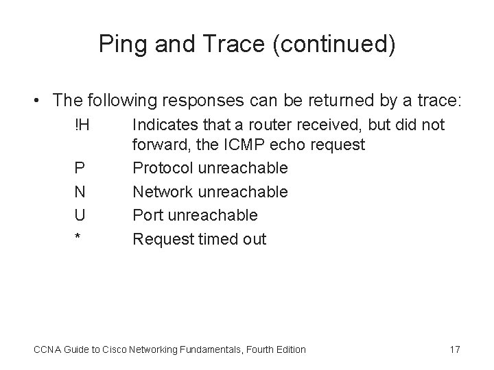 Ping and Trace (continued) • The following responses can be returned by a trace: