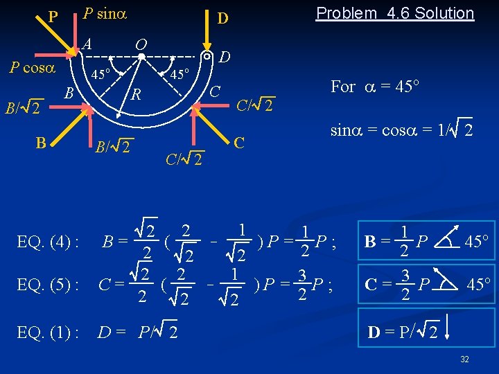 P sina P A P cosa B/ 2 O 45 o B B EQ.