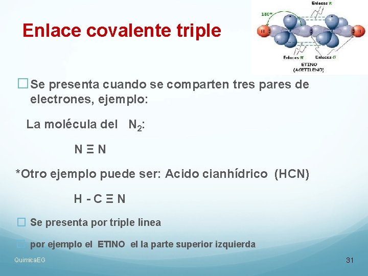 Enlace covalente triple �Se presenta cuando se comparten tres pares de electrones, ejemplo: La Enlace covalente triple �Se presenta cuando se comparten tres pares de electrones, ejemplo: La