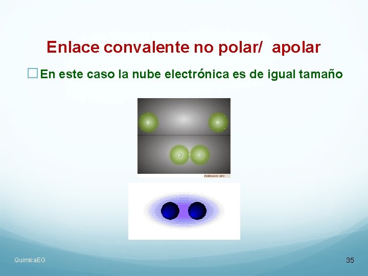 Enlace convalente no polar/ apolar �En este caso la nube electrónica es de igual Enlace convalente no polar/ apolar �En este caso la nube electrónica es de igual