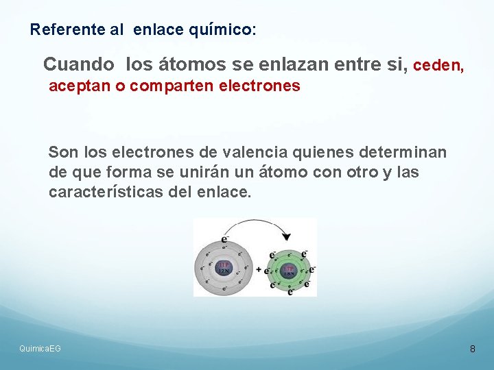 Referente al enlace químico: Cuando los átomos se enlazan entre si, ceden, aceptan o Referente al enlace químico: Cuando los átomos se enlazan entre si, ceden, aceptan o