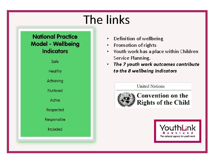 The links • Definition of wellbeing • Promotion of rights • Youth work has The links • Definition of wellbeing • Promotion of rights • Youth work has
