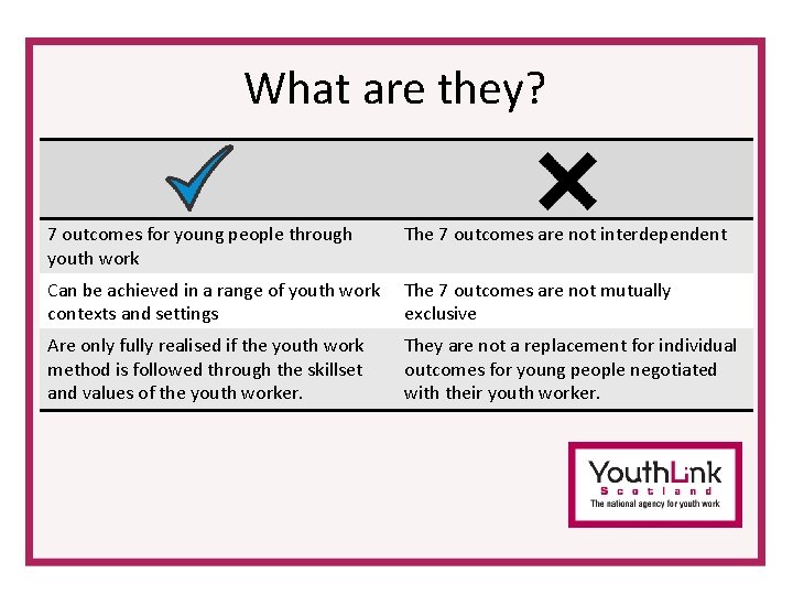What are they? 7 outcomes for young people through youth work The 7 outcomes What are they? 7 outcomes for young people through youth work The 7 outcomes