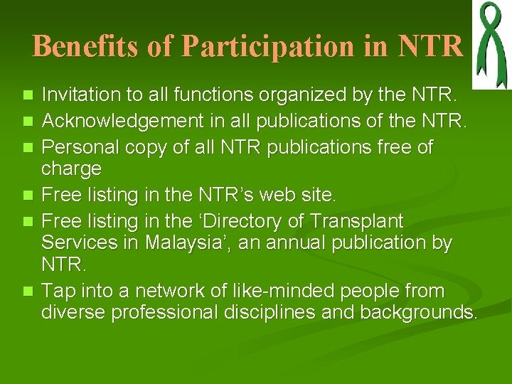 Benefits of Participation in NTR n n n Invitation to all functions organized by Benefits of Participation in NTR n n n Invitation to all functions organized by