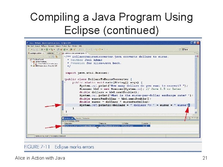 Compiling a Java Program Using Eclipse (continued) Alice in Action with Java 21 