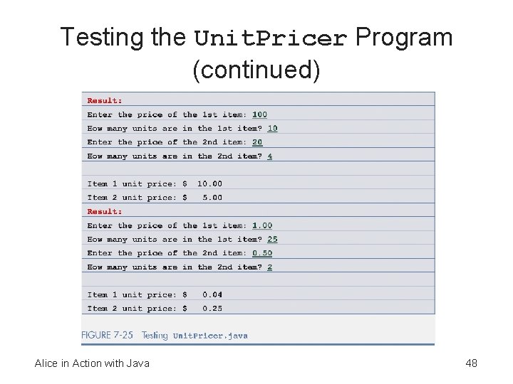 Testing the Unit. Pricer Program (continued) Alice in Action with Java 48 