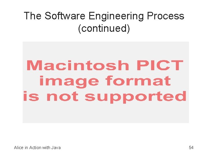 The Software Engineering Process (continued) Alice in Action with Java 54 