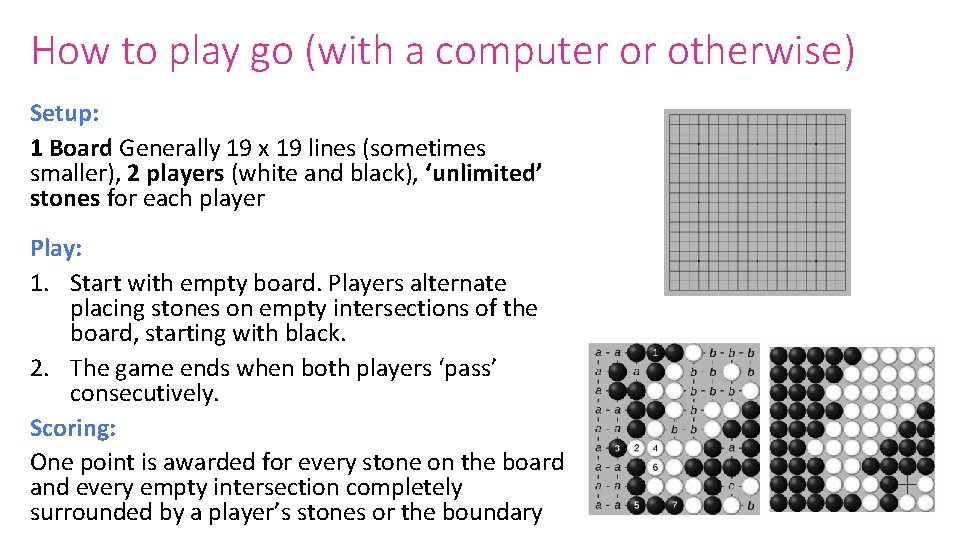 How to play go (with a computer or otherwise) Setup: 1 Board Generally 19