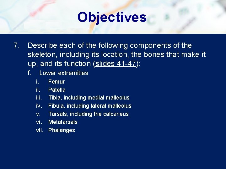 Objectives 7. Describe each of the following components of the skeleton, including its location,