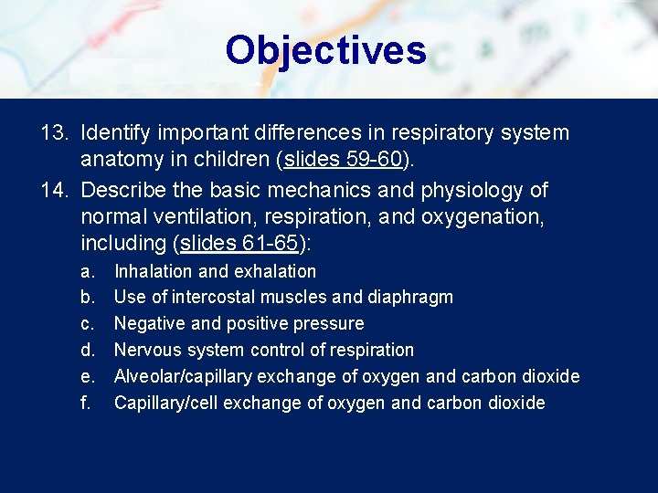 Objectives 13. Identify important differences in respiratory system anatomy in children (slides 59 -60).