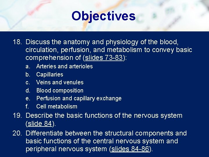Objectives 18. Discuss the anatomy and physiology of the blood, circulation, perfusion, and metabolism