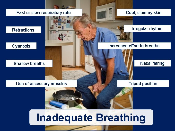 Fast or slow respiratory rate Cool, clammy skin Irregular rhythm Retractions Increased effort to