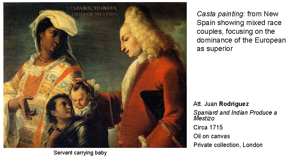 Casta painting: from New Spain showing mixed race couples, focusing on the dominance of