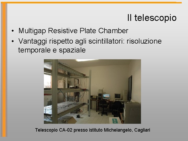 Il telescopio • Multigap Resistive Plate Chamber • Vantaggi rispetto agli scintillatori: risoluzione temporale