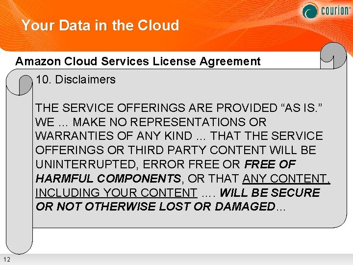 Your Data in the Cloud Amazon Cloud Services License Agreement 10. Disclaimers THE SERVICE
