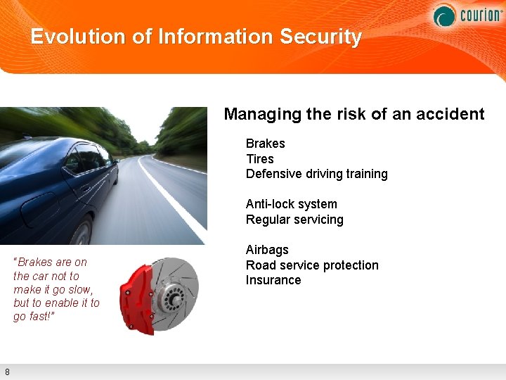 Evolution of Information Security Managing the risk of an accident Brakes Tires Defensive driving