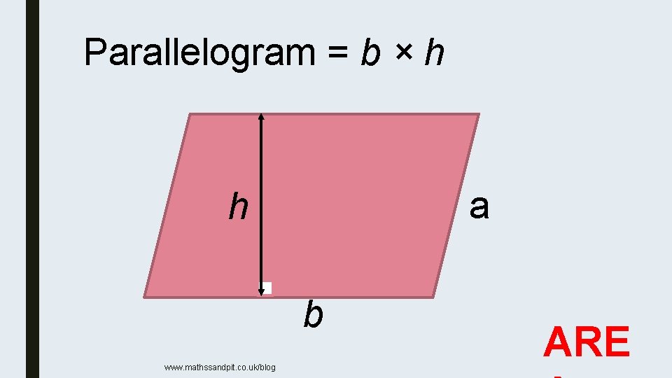 Parallelogram = b × h a h b www. mathssandpit. co. uk/blog ARE 