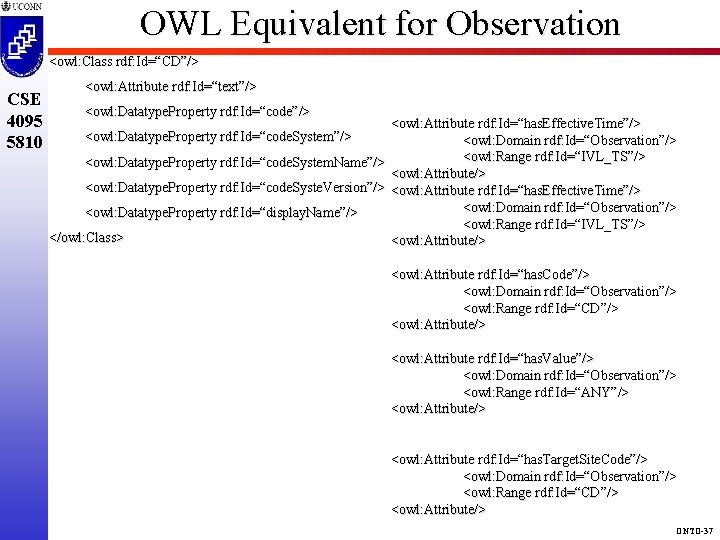 OWL Equivalent for Observation <owl: Class rdf: Id=“CD”/> CSE 4095 5810 <owl: Attribute rdf: