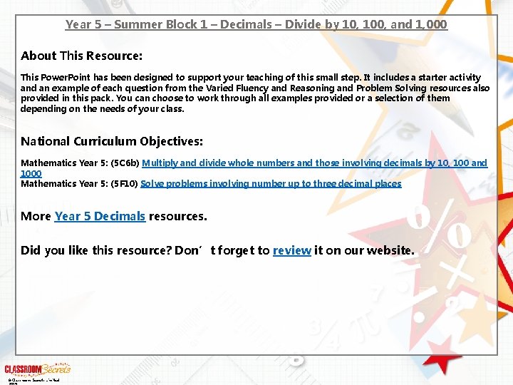 Year 5 – Summer Block 1 – Decimals – Divide by 10, 100, and