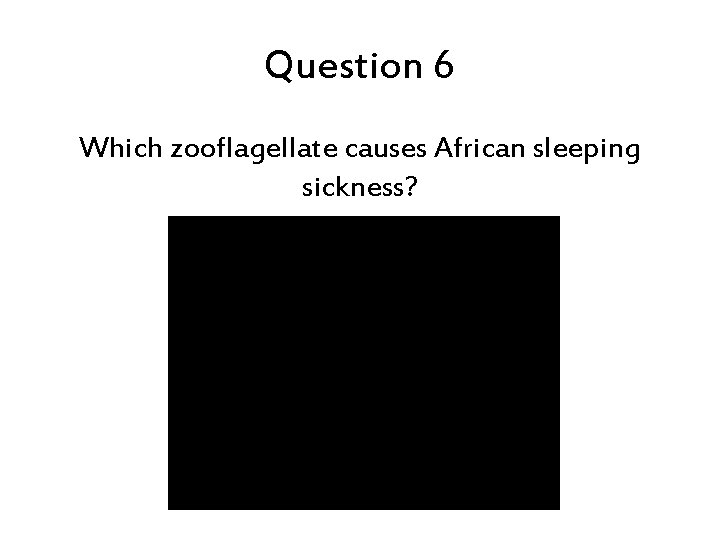 Question 6 Which zooflagellate causes African sleeping sickness? 