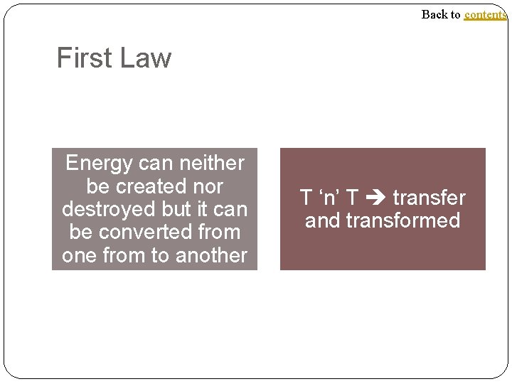 Back to contents First Law Energy can neither be created nor destroyed but it