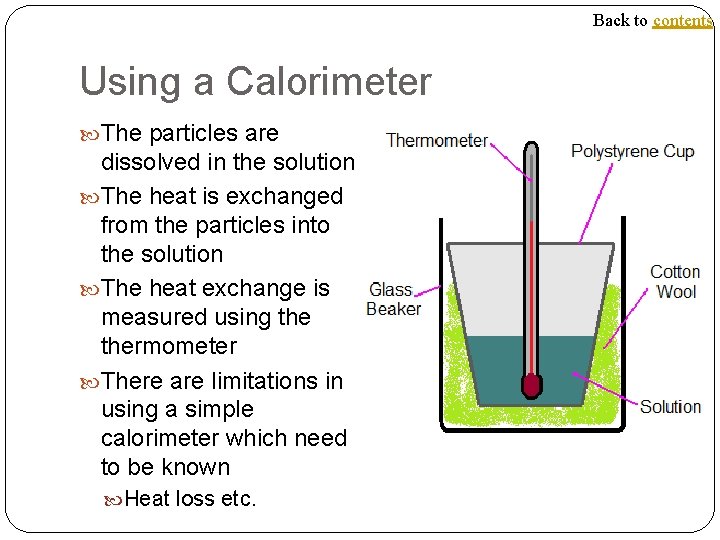 Back to contents Using a Calorimeter The particles are dissolved in the solution The