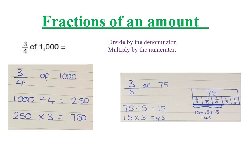 Fractions of an amount Divide by the denominator. Multiply by the numerator. 