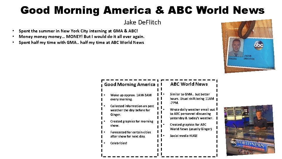 Good Morning America & ABC World News Jake De. Flitch • • • Spent