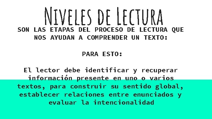 Niveles de Lectura SON LAS ETAPAS DEL PROCESO DE LECTURA QUE NOS AYUDAN A Niveles de Lectura SON LAS ETAPAS DEL PROCESO DE LECTURA QUE NOS AYUDAN A