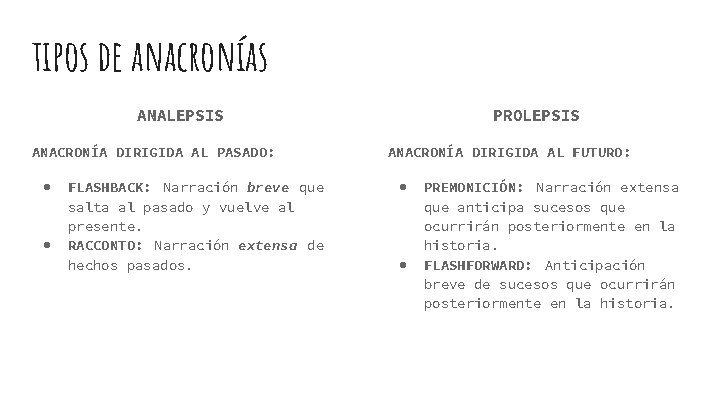 tipos de anacronías ANALEPSIS ANACRONÍA DIRIGIDA AL PASADO: ● ● FLASHBACK: Narración breve que tipos de anacronías ANALEPSIS ANACRONÍA DIRIGIDA AL PASADO: ● ● FLASHBACK: Narración breve que