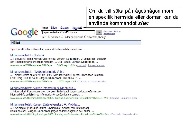 Om du vill söka på något/någon inom en specifik hemsida eller domän kan du