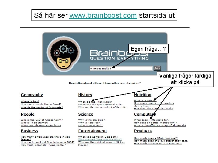 Så här ser www. brainboost. com startsida ut Egen fråga…? Vanliga frågor färdiga att