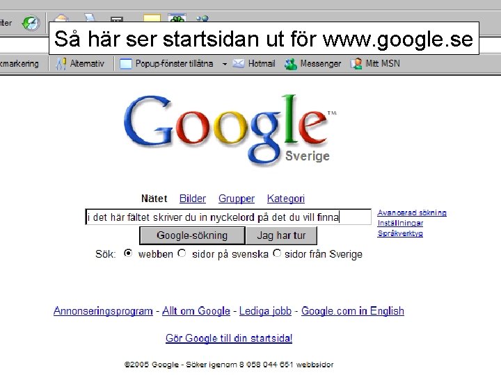 Så här ser startsidan ut för www. google. se 