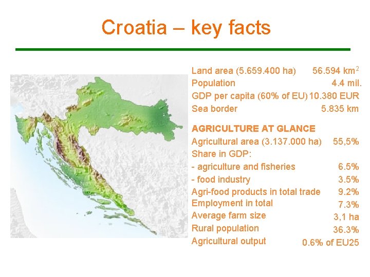 Croatia – key facts Land area (5. 659. 400 ha) 56. 594 km 2