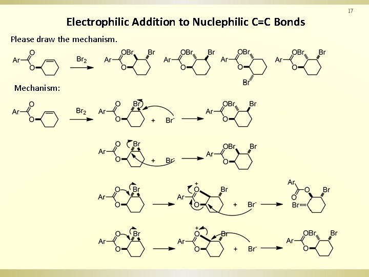 17 Electrophilic Addition to Nuclephilic C=C Bonds Please draw the mechanism. Mechanism: 